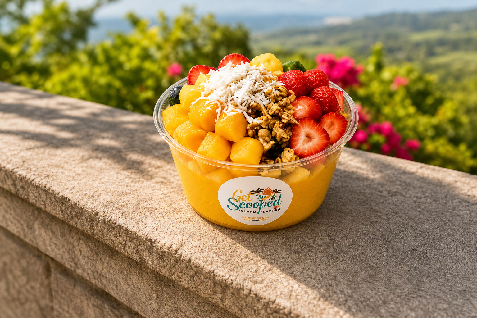 Mango power bowl with fresh mango, strawberries, coconut flakes, and granola
