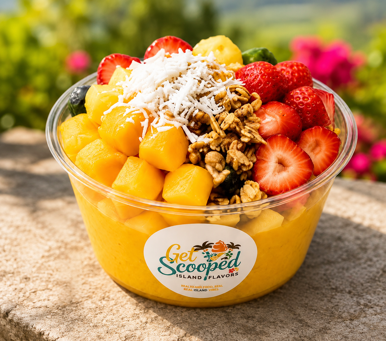 Mango power bowl with fruit, granola, and coconut